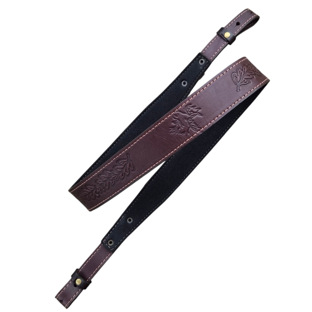 Dabīgās ādas ieroča siksna 3.5 cm plata ar ozollapu gravējumu